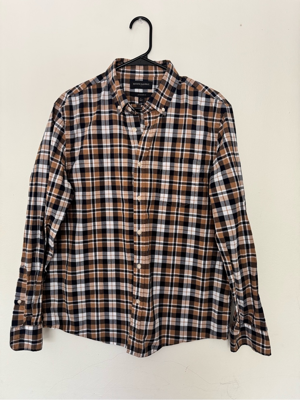 Banana Republic Men's Tan Brown Black Plaid Button-Down Shirt